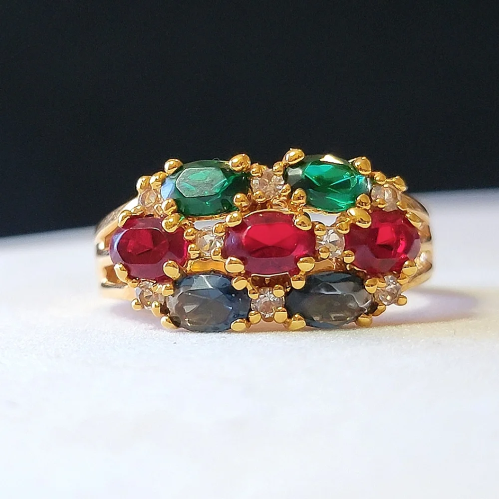 Multi-gem Gold Tone Cocktail Ring Faux Emerald Sapphire Ruby and Diamond Vintage